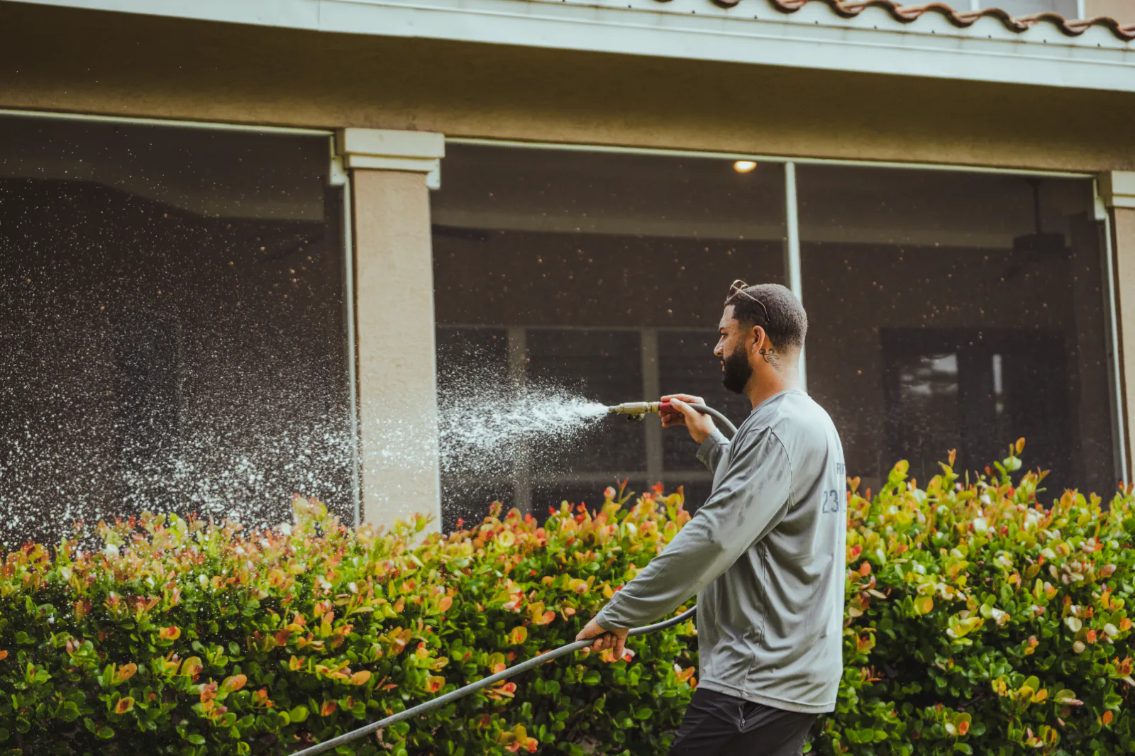 Rinsing landscaping beside the lanai after the soft wash